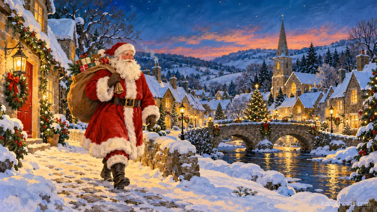 Santa walking through a snowy village with a sack of gifts – storybook gouache Samsung Frame TV art, 4K