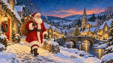 Santa walking through a snowy village with a sack of gifts – storybook gouache Frame TV art
