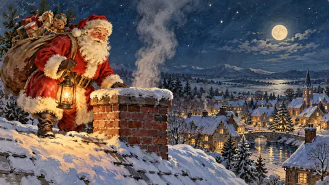 Santa on a rooftop beside a smoking chimney at night – vintage christmas card illustration Frame TV art