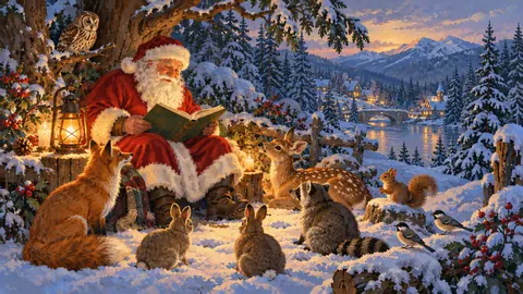 Santa reading to woodland animals by a lantern – naturalist gouache Frame TV art