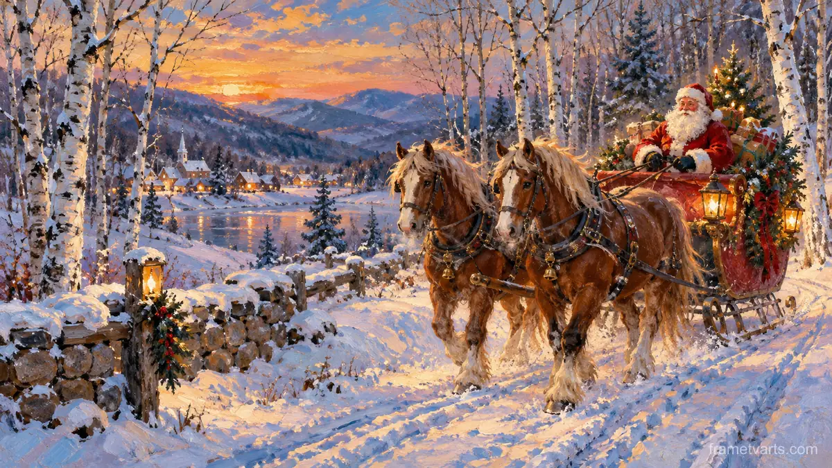 Santa in a horse-drawn sleigh along a birch-lined road – impressionist oil painting Samsung Frame TV art, 4K