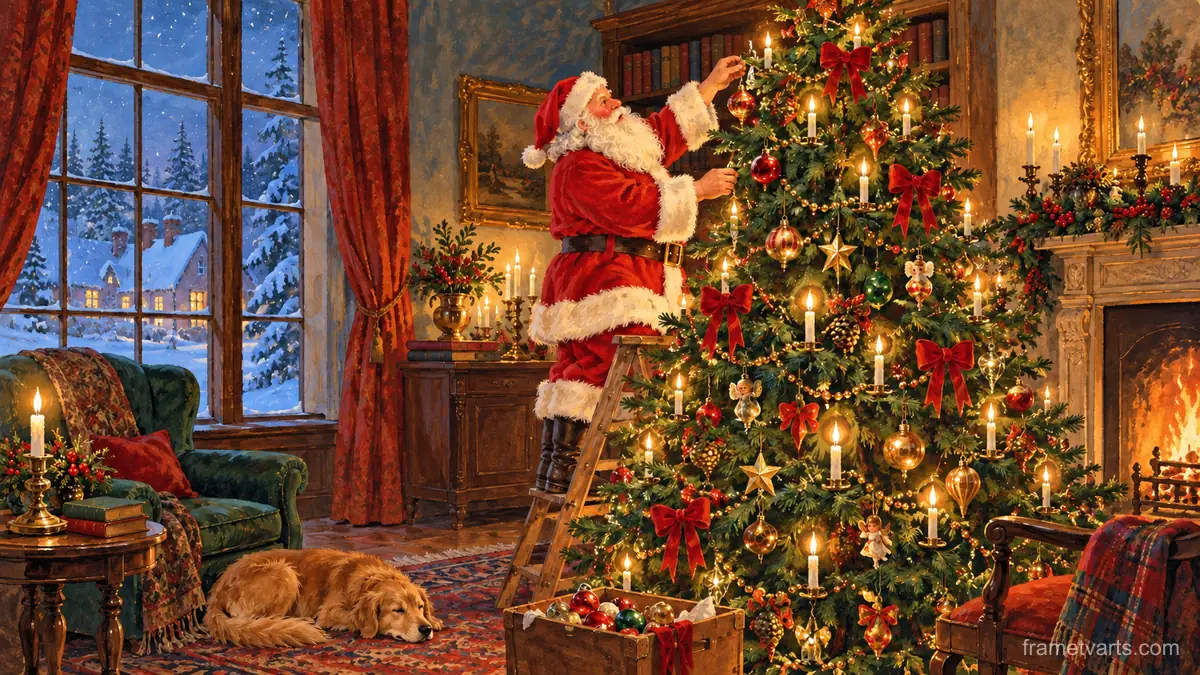 Santa trimming a tall tree in a candlelit parlour – vintage christmas card illustration Samsung Frame TV art, 4K