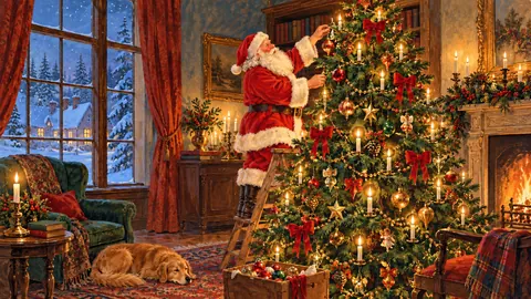 Santa trimming a tall tree in a candlelit parlour – vintage christmas card illustration Frame TV art