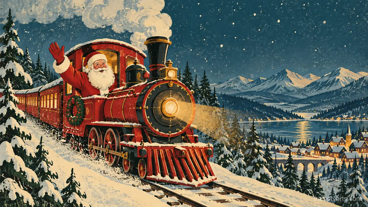 Santa waving from a red steam train in the snow – retro mid-century illustration Samsung Frame TV art, 4K