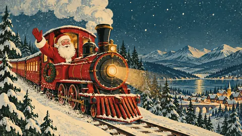 Santa waving from a red steam train in the snow – retro mid-century illustration Frame TV art