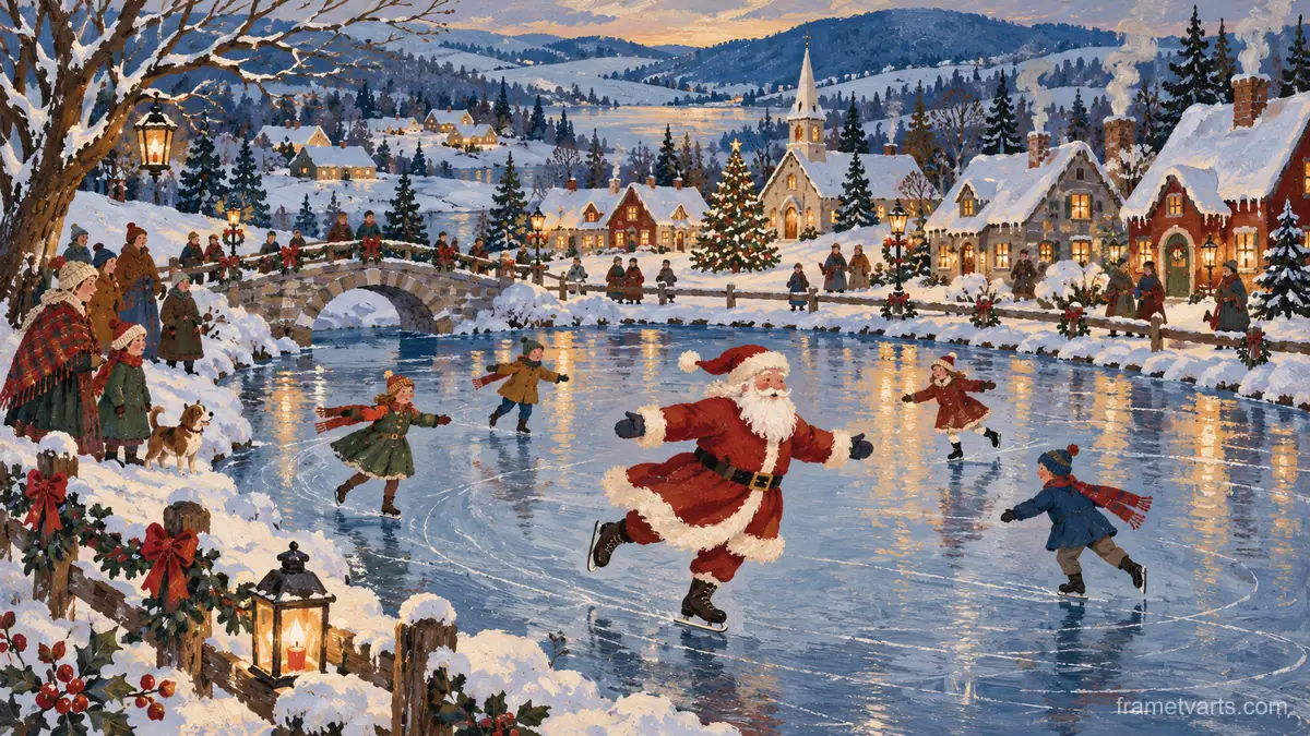 Santa skating on a frozen village pond – decorative folk gouache Samsung Frame TV art, 4K