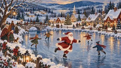 Santa skating on a frozen village pond – decorative folk gouache Frame TV art