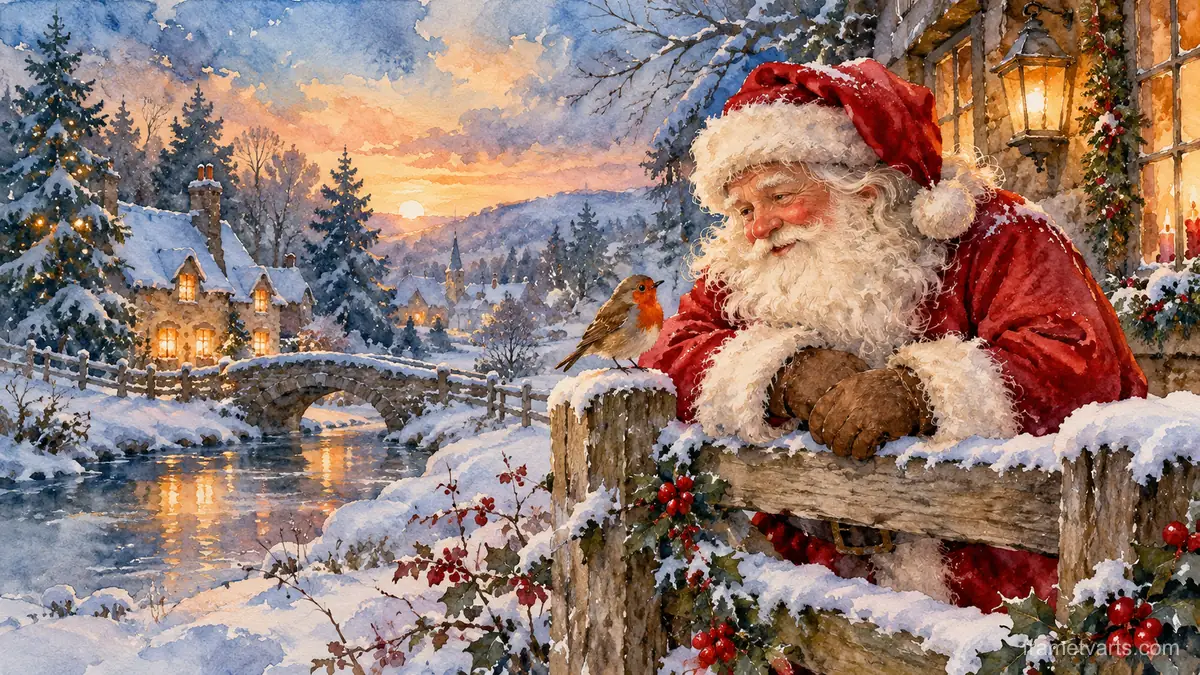 Santa and an elf-sized robin on a snowy fence – loose watercolor Samsung Frame TV art, 4K