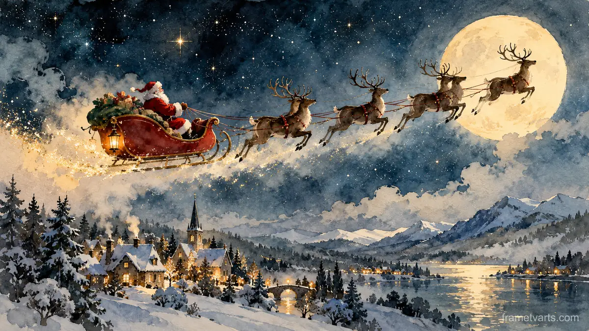 Santa silhouette with reindeer against a starry sky – minimal ink and wash Samsung Frame TV art, 4K