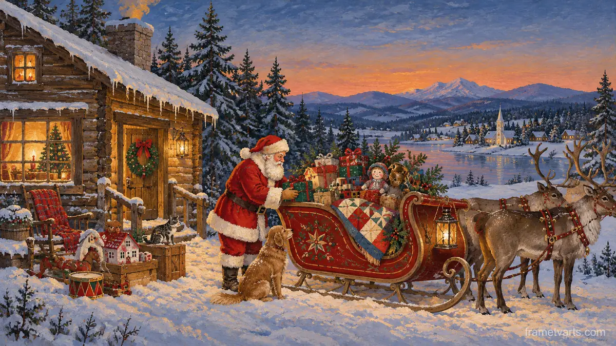 Santa loading toys into a sleigh outside a log cabin – americana folk painting Samsung Frame TV art, 4K