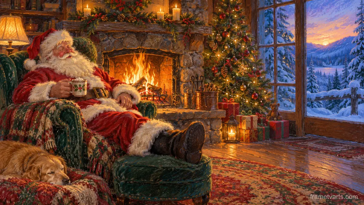 Santa sleeping by the fire with a cup of cocoa – soft pastel drawing Samsung Frame TV art, 4K
