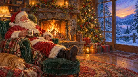 Santa sleeping by the fire with a cup of cocoa – soft pastel drawing Frame TV art
