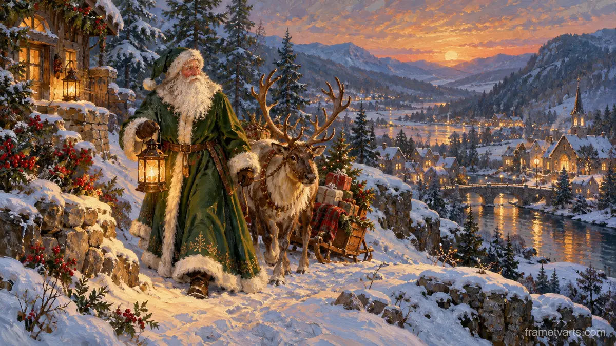 Old-world Santa in a long forest-green robe with a lantern – atmospheric oil painting Samsung Frame TV art, 4K