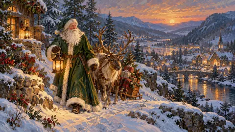 Old-world Santa in a long forest-green robe with a lantern – atmospheric oil painting Frame TV art