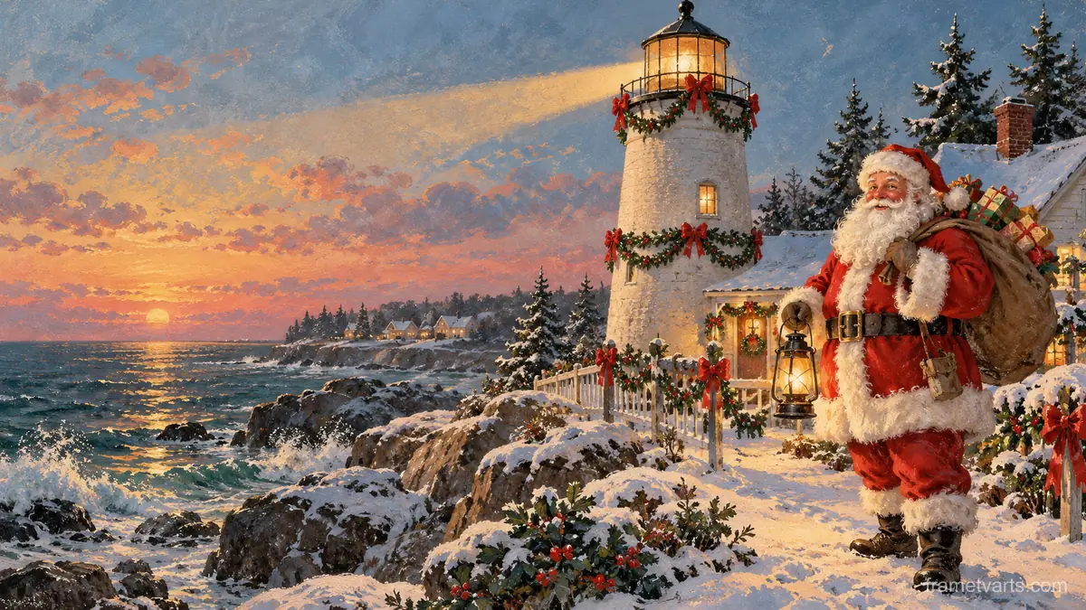 Santa beside a lighthouse decorated with garlands – vintage christmas card illustration Samsung Frame TV art, 4K