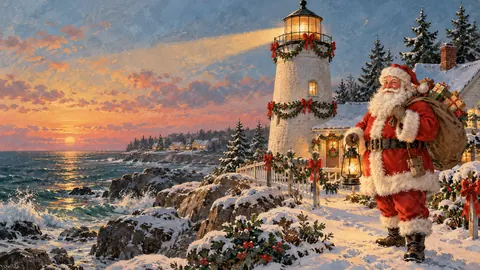 Santa beside a lighthouse decorated with garlands – vintage christmas card illustration Frame TV art
