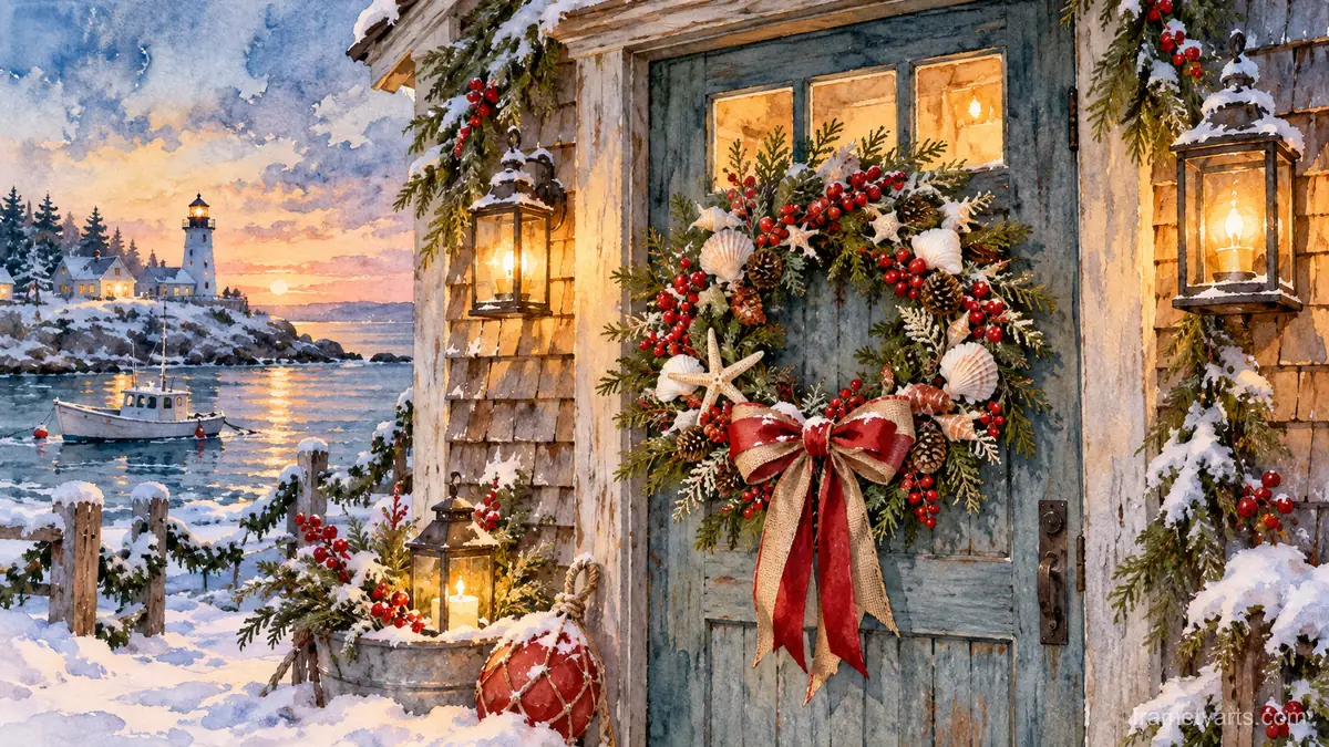 Seaside Christmas wreath on a weathered shingle cottage door – loose watercolor Samsung Frame TV art, 4K