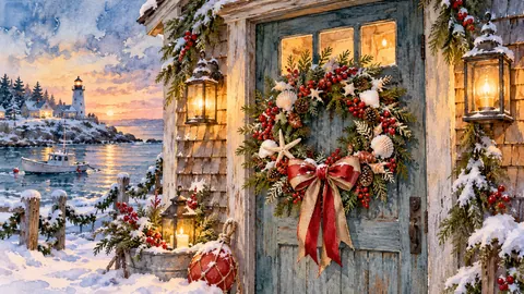 Seaside Christmas wreath on a weathered shingle cottage door – loose watercolor Frame TV art