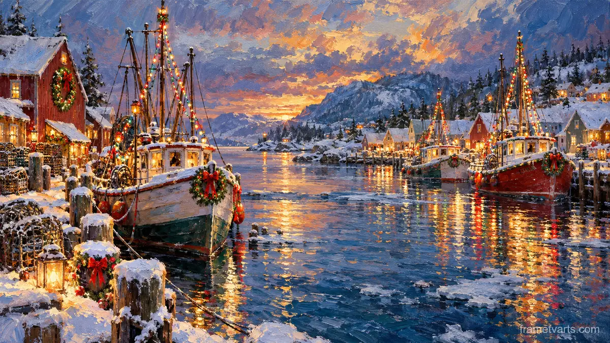 Christmas lights on fishing boats in a snowy harbour – impressionist oil painting Samsung Frame TV art, 4K