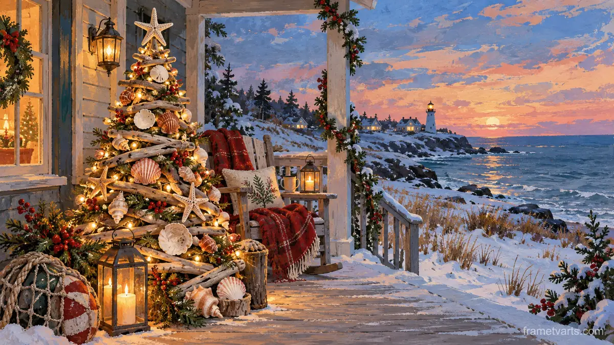 Seaside Christmas tree of driftwood and shells on a porch – storybook gouache Samsung Frame TV art, 4K