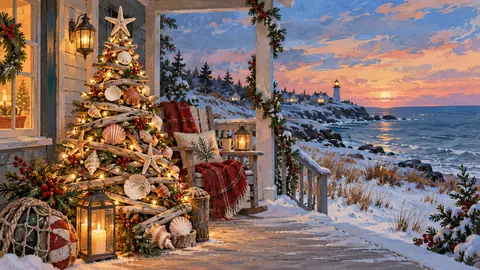 Seaside Christmas tree of driftwood and shells on a porch – storybook gouache Frame TV art