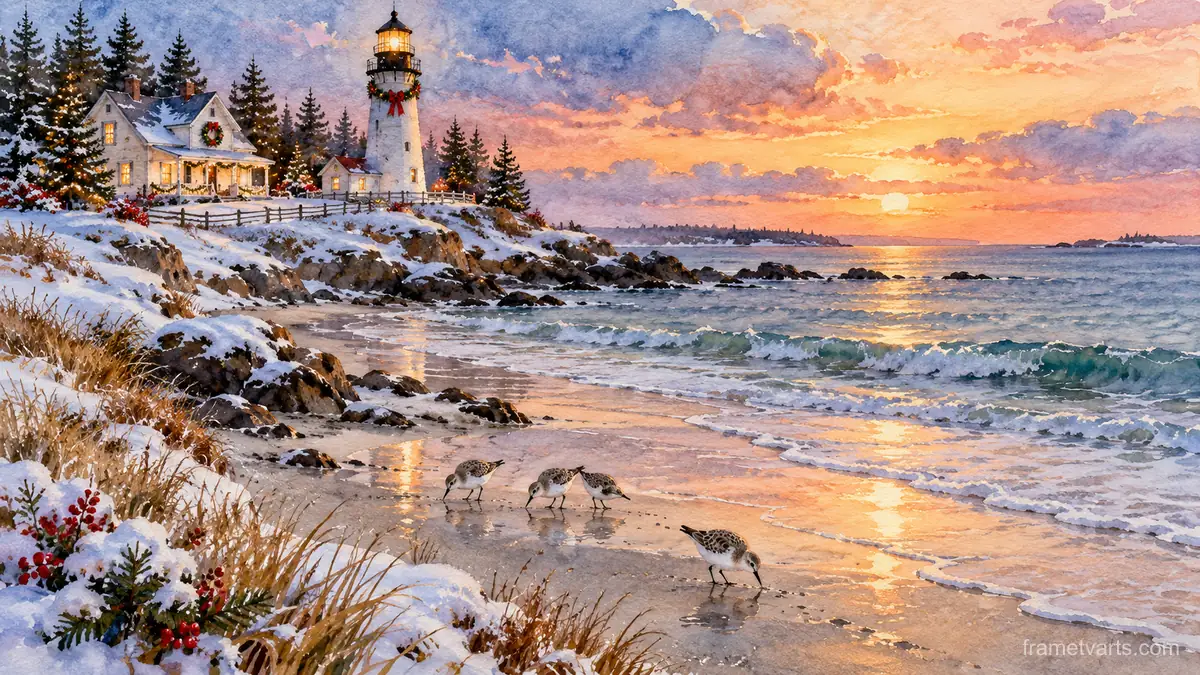 Sandpipers on a frosty shore below a Christmas lighthouse – elegant watercolor Samsung Frame TV art, 4K