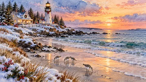 Sandpipers on a frosty shore below a Christmas lighthouse – elegant watercolor Frame TV art