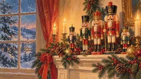 Toy nutcracker soldiers lined along a mantel – vintage christmas card illustration Frame TV art