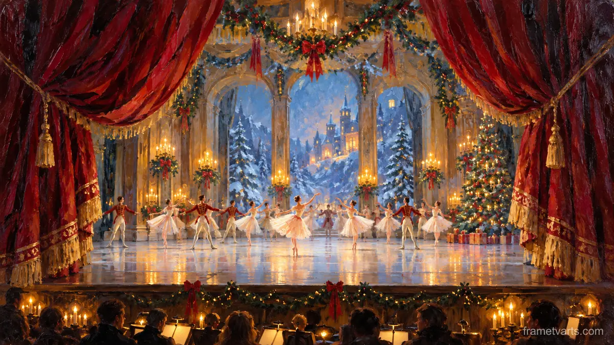 Nutcracker ballet stage glowing behind a velvet curtain – atmospheric oil painting Samsung Frame TV art, 4K