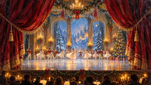 Nutcracker ballet stage glowing behind a velvet curtain – atmospheric oil painting Frame TV art