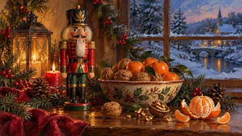 Single nutcracker beside a bowl of walnuts and clementines – tonal oil painting Frame TV art