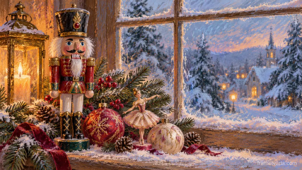 Nutcracker and sugarplum ornaments on a snowy windowsill – soft pastel drawing Samsung Frame TV art, 4K