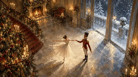 Ballerina silhouette and nutcracker in a falling-snow spotlight – monochrome minimalist abstraction Frame TV art