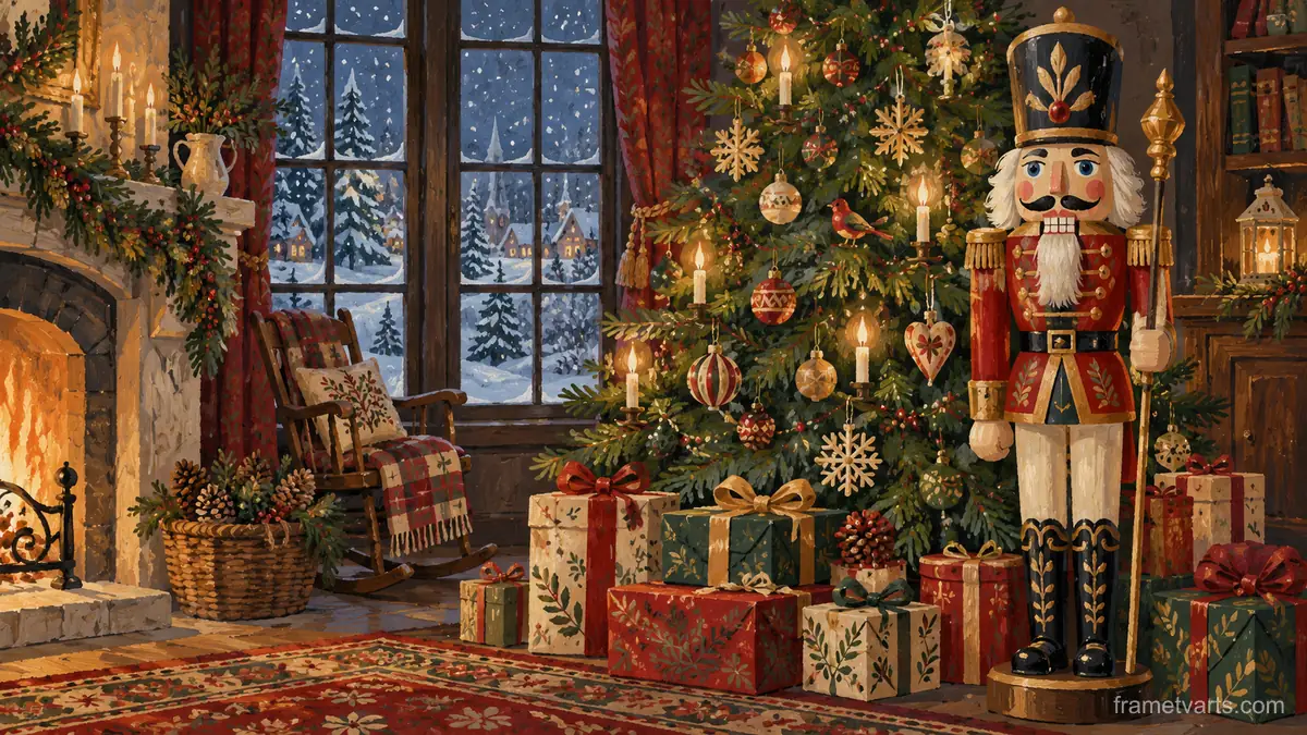 Nutcracker standing guard by a gift-laden tree – decorative folk gouache Samsung Frame TV art, 4K