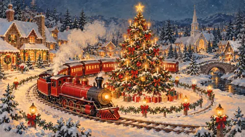 Red steam train circling a decorated Christmas tree – vintage christmas card illustration Frame TV art