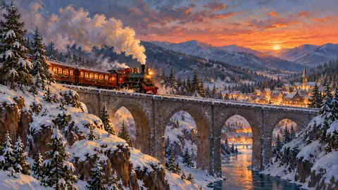 Christmas train crossing a snowy viaduct at dusk – atmospheric oil painting Frame TV art