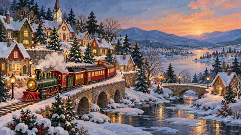 Toy train set winding through a miniature Christmas village – storybook gouache Frame TV art