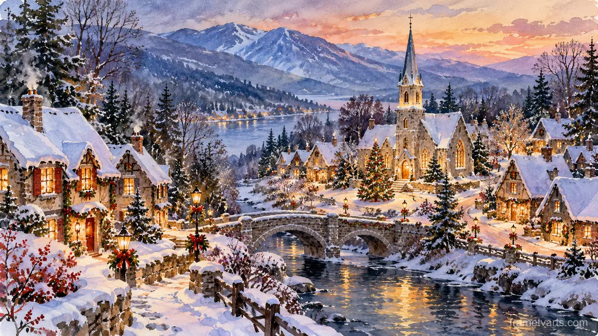 Christmas village church and cottages under fresh snow – loose watercolor Samsung Frame TV art, 4K