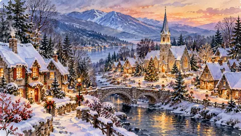 Christmas village church and cottages under fresh snow – loose watercolor Frame TV art