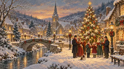 Christmas village square with a lit tree and carollers – vintage christmas card illustration Frame TV art