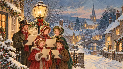 Victorian carollers in bonnets singing under a gas lamp – vintage christmas card illustration Frame TV art