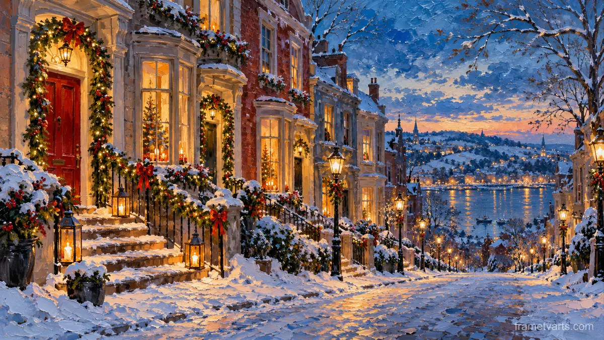 Christmas townhouses with garland-framed doors at blue hour – impressionist oil painting Samsung Frame TV art, 4K