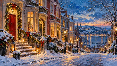 Christmas townhouses with garland-framed doors at blue hour – impressionist oil painting Frame TV art