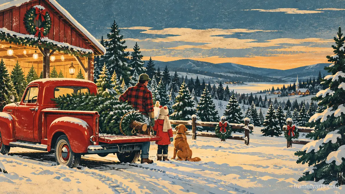 Christmas tree farm with a red truck and a cut fir – retro mid-century illustration Samsung Frame TV art, 4K