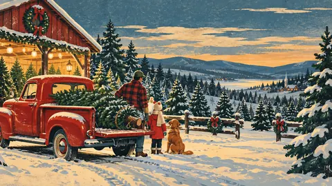 Christmas tree farm with a red truck and a cut fir – retro mid-century illustration Frame TV art