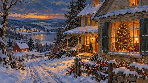 Christmas tree glowing in a dark farmhouse window – tonal oil painting Frame TV art