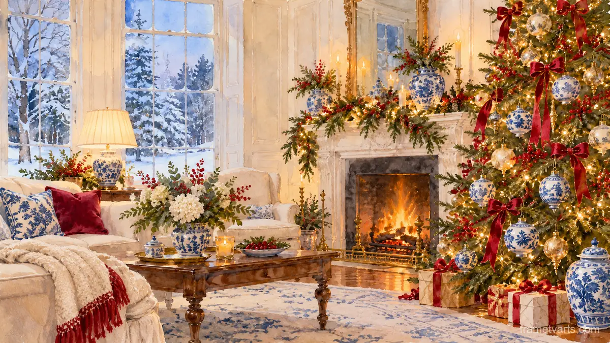 Christmas tree in a white parlour with blue-and-white porcelain – elegant watercolor Samsung Frame TV art, 4K