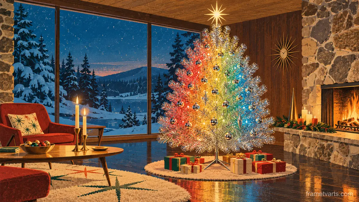 Retro aluminium Christmas tree with a colour wheel glow – retro mid-century illustration Samsung Frame TV art, 4K