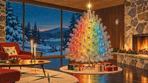 Retro aluminium Christmas tree with a colour wheel glow – retro mid-century illustration Frame TV art