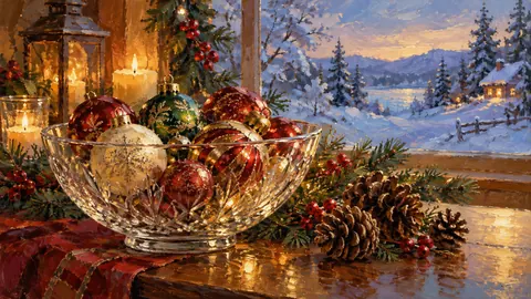 Christmas ornaments in a glass bowl beside pine cones – impressionist oil painting Frame TV art